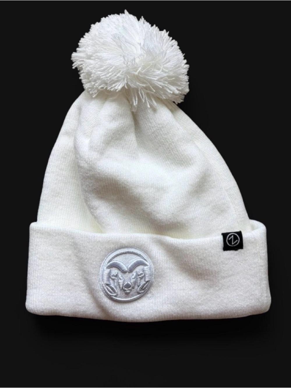 Zephyr White Pom Pom Beanie with Ram Emblem Colorado State University